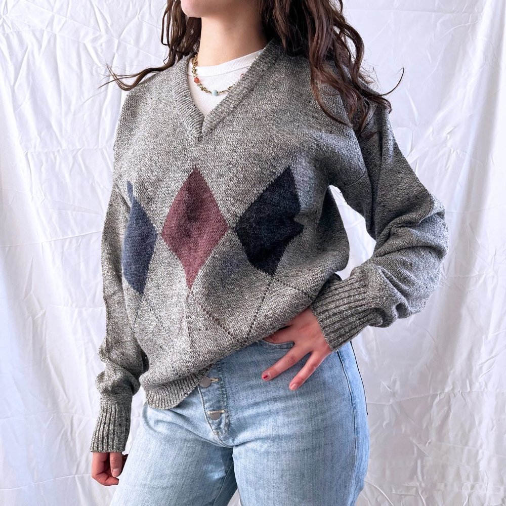 Grunge Oversized Comfy Knit Grey Argyle Sweater